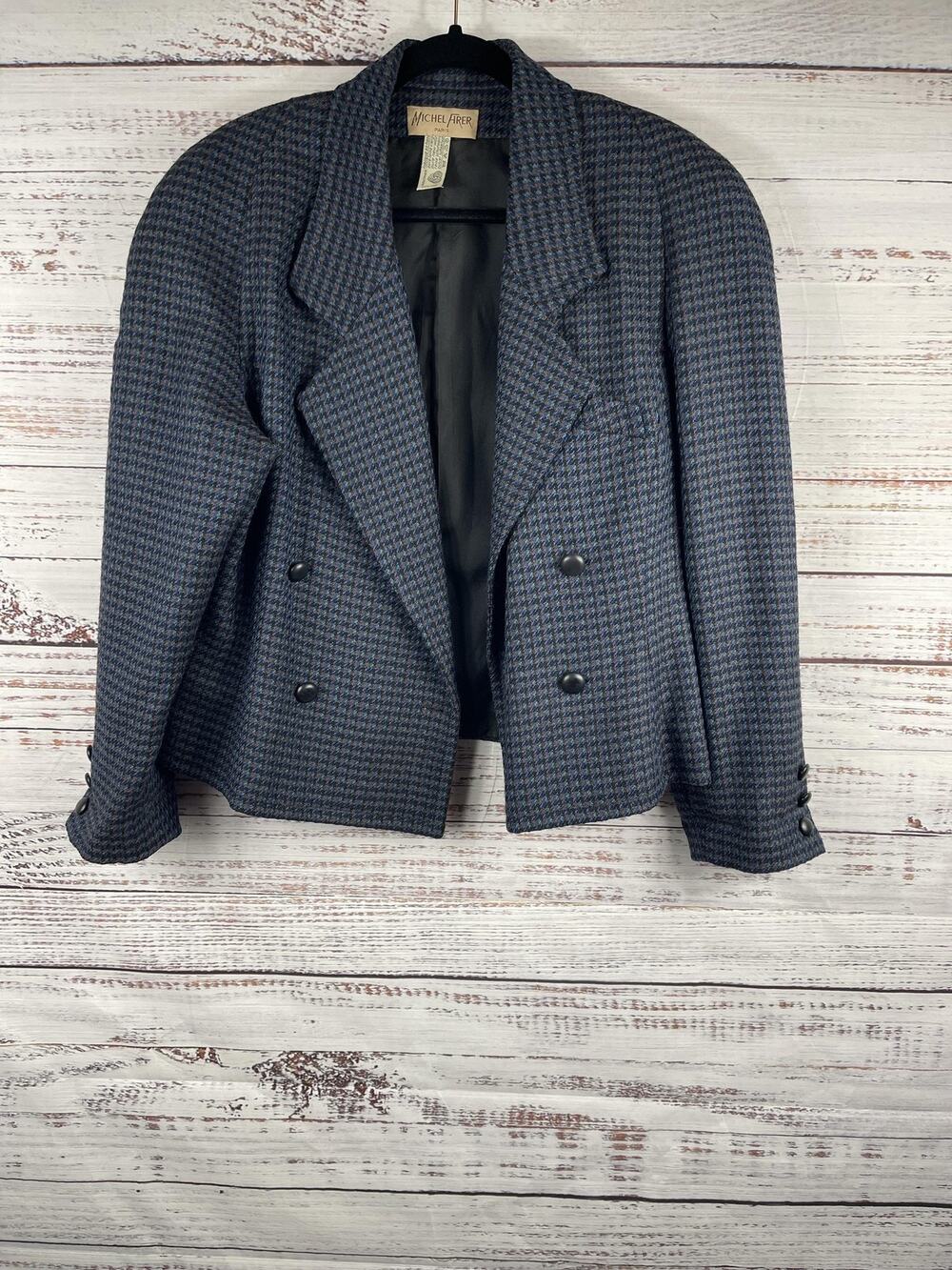 Michel Afrer Blazer Women's Medium Blue Wool Tweed Double Breasted Jacket Check